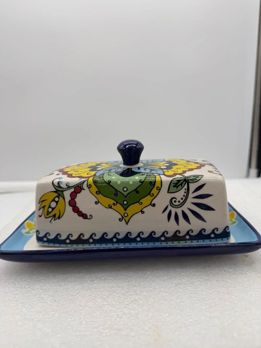 Colorful Ceramic Lidded Butter Cheese Dish with Floral Design